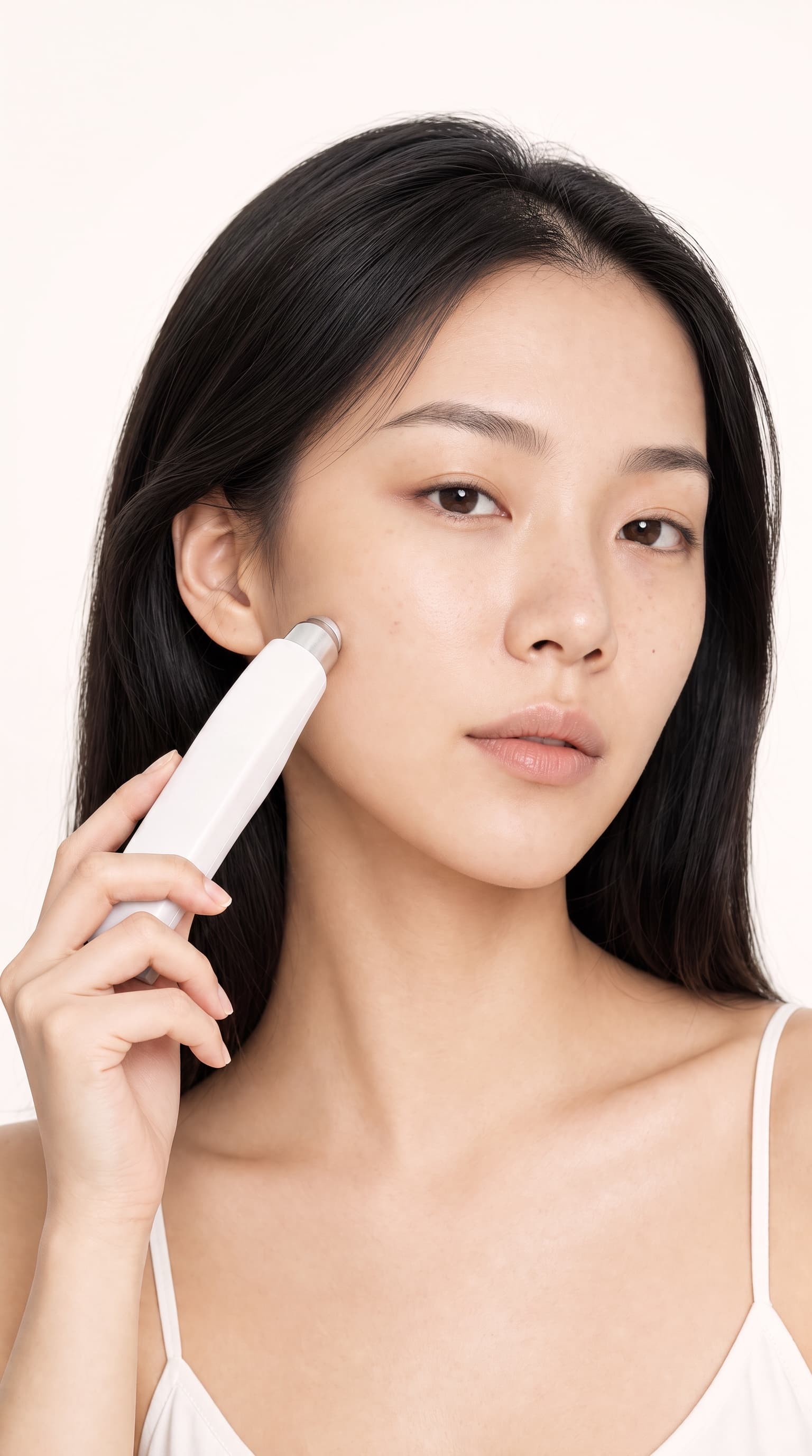 A woman holding the Riveo device to her cheek.